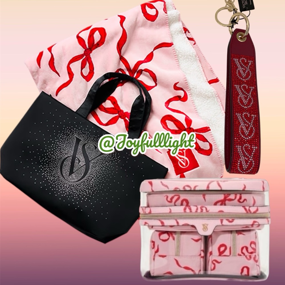 VICTORIA'S SECRET Black Diamante Shine Tote Bag + Bow Print Cozy Blanket BUNDLE
